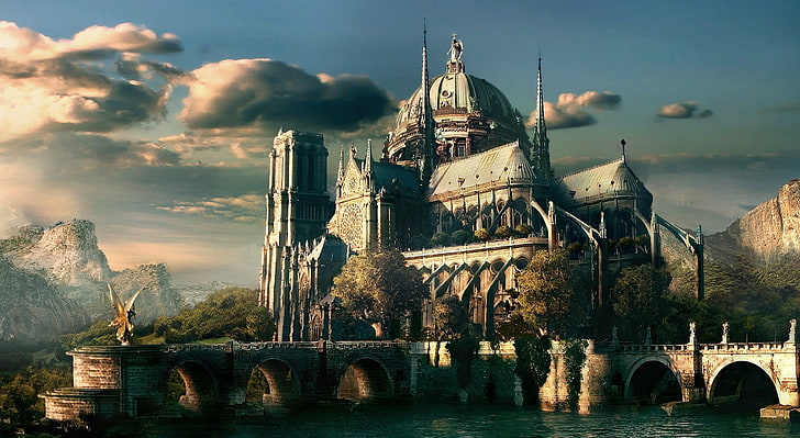 Zamek aniołów, zamek z szarego i brązowego betonu, artystyczny, fantasy, grafika, fantasy art, zamek aniołów, Tapety HD