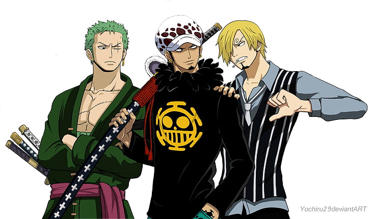One Piece karakter fanı aRt, One Piece, Sanji, Trafalgar Kanunu, Roronoa Zoro, HD masaüstü duvar kağıdı
