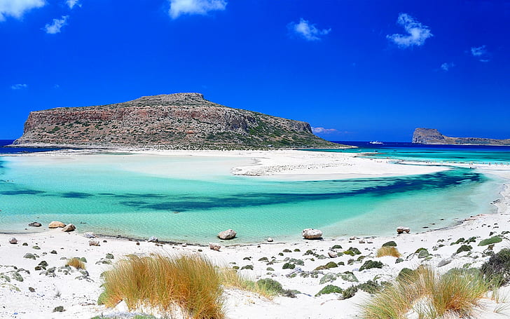 Gramvousa, Balos, Grecia, océano azul bajo cielo nublado azul y blanco, cielo, isla, mar, Grecia, Gramvousa, Balos, Fondo de pantalla HD