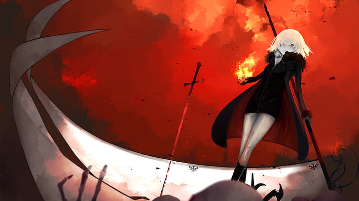 ogień żółte oczy włócznia białe włosy Avenger (FateGrand Order) miecz Fate Series gry wideo krótkie włosy Jeanne darc alter anime dziewczyny FateGrand Order flaga, Tapety HD