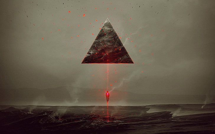 gray triangle illustration, pyramid, sea, artwork, paint splatter, Kuldar Leement, HD wallpaper