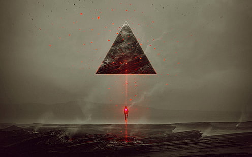 gray triangle illustration, pyramid, sea, artwork, paint splatter, Kuldar Leement, HD wallpaper HD wallpaper