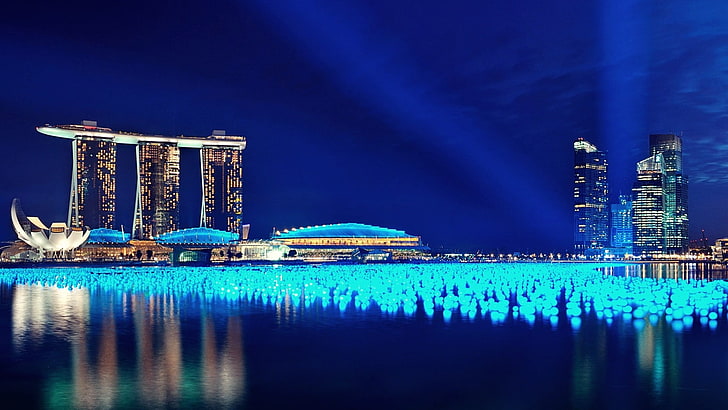 Marina Bay Sands, Singapur, Singapur, budynek, Marina Bay, światła, świecące, Azja, noc, pejzaż miejski, Tapety HD