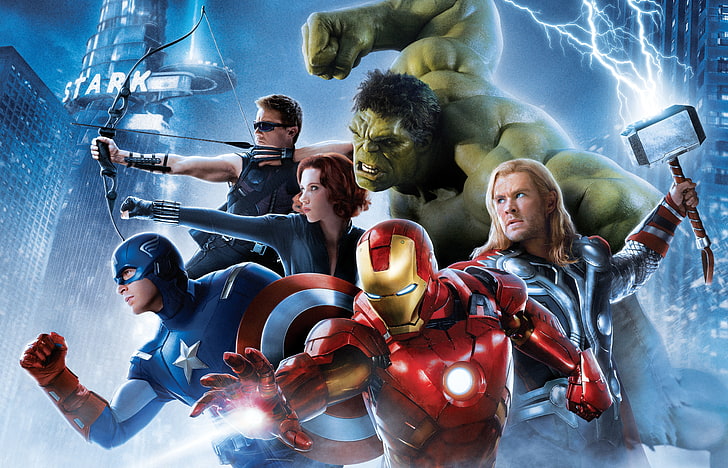 Fond d'écran numérique de personnages Marvel, Iron Man, Thor, Hulk, Hawkeye, Black Widow, Captain America, Jeremy Renner, Chris Evans, Chris Hemsworth, Scarlett Johansson, la foudre, Mjolnir, Les Vengeurs, super-héros, Fond d'écran HD