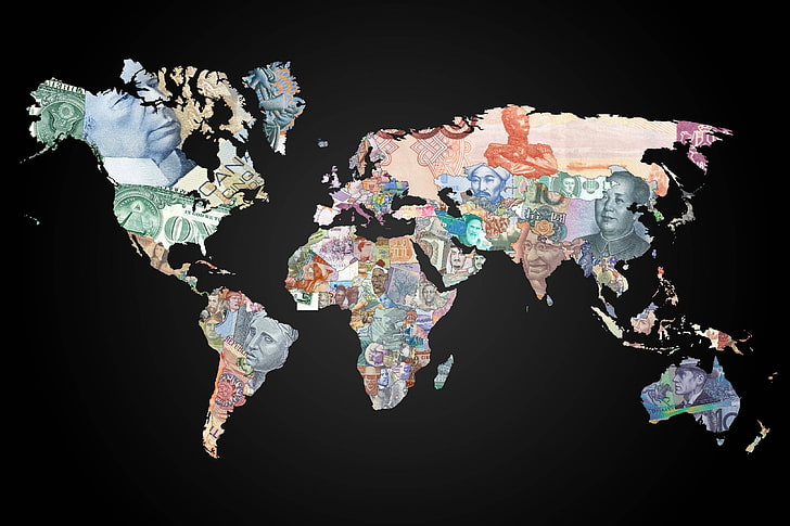 illustration carte du monde, carte, monde, argent, dollars, euros, carte du monde, Fond d'écran HD