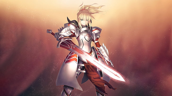 personaje de anime femenino de cabello rubio con fondo de pantalla de espada, serie Fate, Sabre of Red, Fate / Grand Order, Fondo de pantalla HD