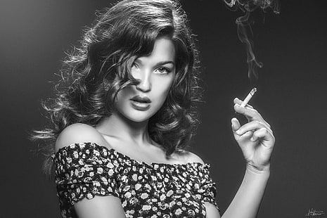 สูบบุหรี่, ขาวดำ, ผู้หญิง, นางแบบ, วอลล์เปเปอร์ HD HD wallpaper