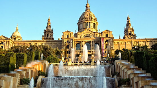 landmark, historic site, tourist attraction, plaza, fountain, montjuic, palace, montjuic castle, europe, barcelona, spain, HD wallpaper HD wallpaper