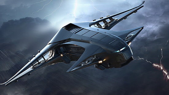 черен реактивен самолет, научна фантастика, космически кораб, Star Citizen, HD тапет HD wallpaper