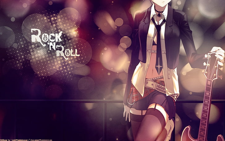 Rock 'N Roll anime digital wallpaper, Anime, Original, Cute, Girl, Guitar, Original (Anime), Rock & Roll, HD wallpaper