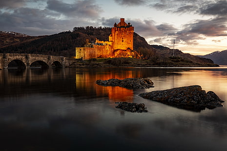 القلاع ، قلعة إيليان دونان ، الجسر ، القلعة ، البحيرة ، اسكتلندا، خلفية HD HD wallpaper