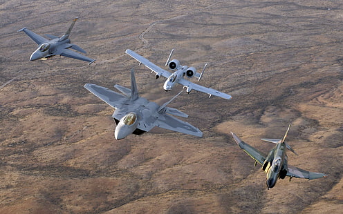 quatro jatos cinza, General Dynamics F-16 Fighting Falcon, McDonnell Douglas F-4 Phantom II, Fairchild A-10 Thunderbolt II, F-22 Raptor, aviões militares, aviões, caça a jato, Força Aérea dos EUA, HD papel de parede HD wallpaper