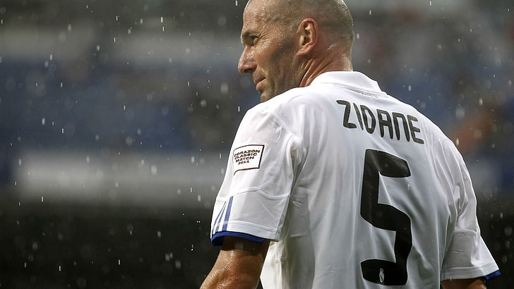 biało-czarna męska koszulka Adidas, piłkarze, piłka nożna, Zinedine Zidane, Tapety HD