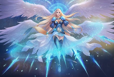  ice, girl, figure, wings, angel, fantasy, art, halo, goddess, flowing hair, nimbus, by chaosringen, HD wallpaper HD wallpaper
