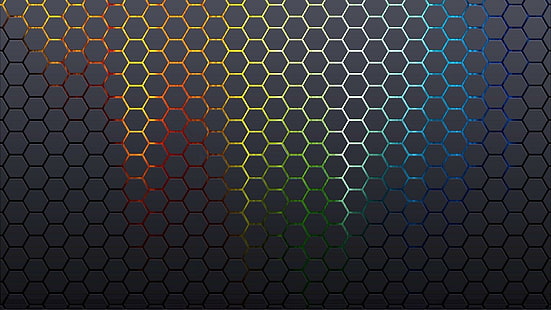 Pola segi enam bercahaya, biru putih kuning dan hijau dekorasi jala, abstrak, 1920x1080, pola, segi enam, sarang lebah, Wallpaper HD HD wallpaper