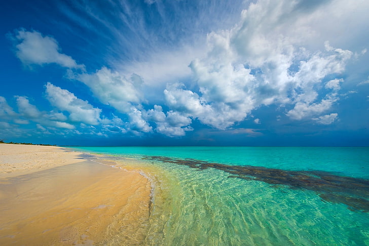 green beach, nature, landscape, tropical, beach, Caribbean, island, turquoise, sea, white, clouds, sand, summer, HD wallpaper