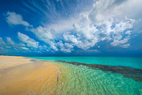 green beach, nature, landscape, tropical, beach, Caribbean, island, turquoise, sea, white, clouds, sand, summer, HD wallpaper HD wallpaper