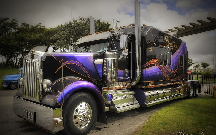 лилаво и черно Товарен камион, Kenworth, камиони, Камион, превозно средство, HD тапет
