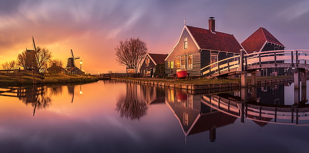 dom, kanał, młyn, Holandia, Zaanse Schans, Tapety HD HD wallpaper