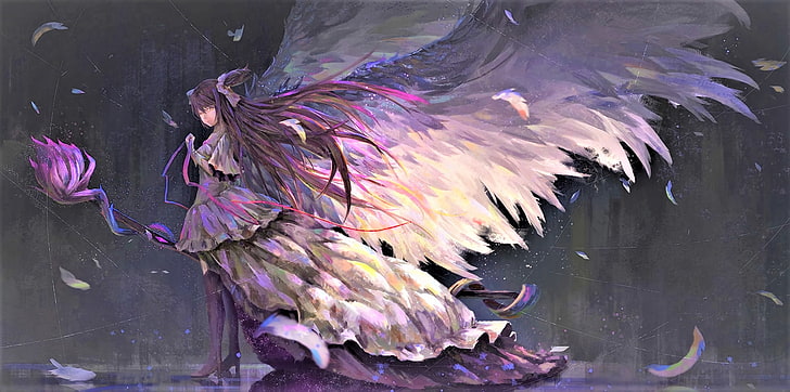 angel, anime, dress, feather, girl, hair, long, purple, wings, HD wallpaper