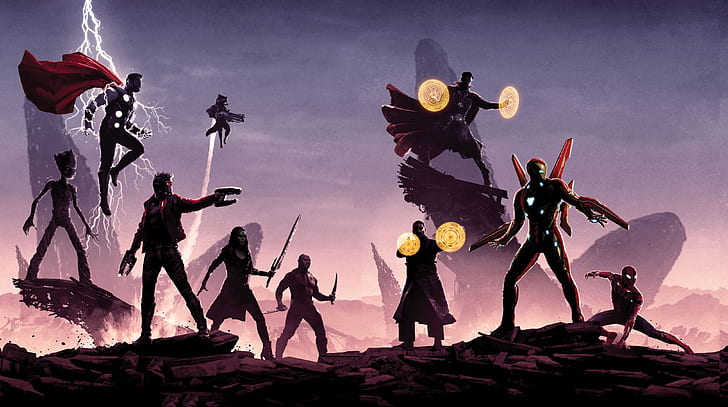 perang infinity avengers, poster, hd, 4k, film, film 2018, iron man, spiderman, dokter aneh, penguasa bintang, thor, gamora, drax the destroyer, Wallpaper HD