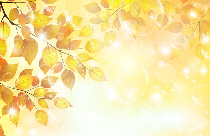 илюстрация на жълти листа, есен, листа, мехурчета, клонче, блясък, HD тапет