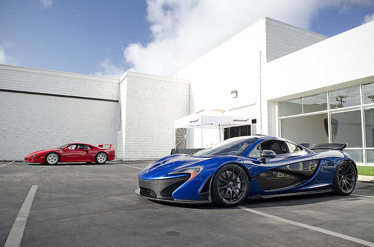 blue super car, McLaren, Red, Blue, Supercars, Ferrari F40, HD wallpaper