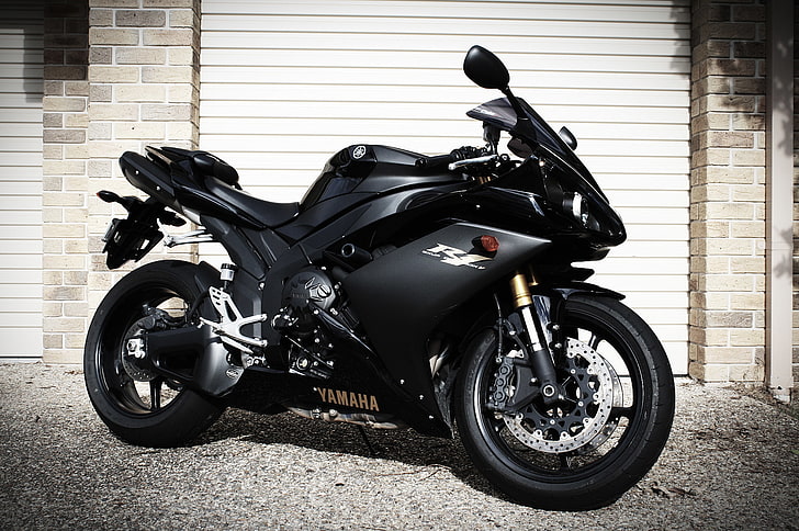 черный спортивный мотоцикл Yamaha, черный, мотоцикл, вид сбоку, велосипед, Yamaha, жалюзи, yzf-r1, HD обои