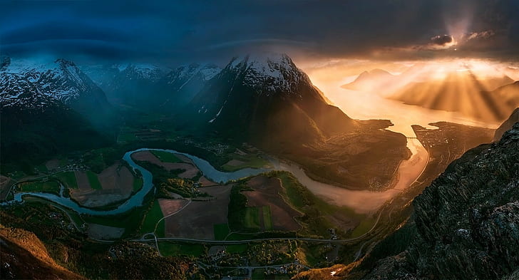 горы, Макс Рив, пейзаж, солнечный свет, фото манипуляции, река, природа, HD обои