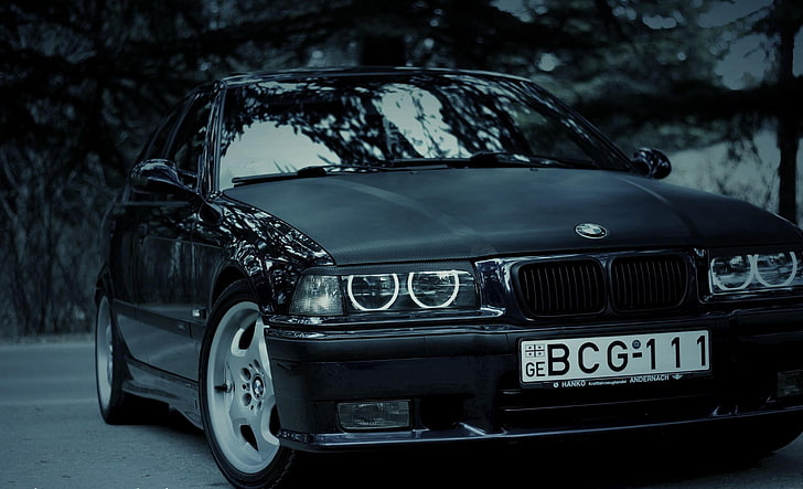 black BMW coupe, lights, tuning, BMW, before, bumper, 3 series, E36, HD wallpaper