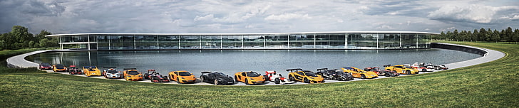 Verschiedene Sportwagen, McLaren Technology Center, Auto, McLaren MP4-12C, McLaren M1B, McLaren F1, McLaren F1 GTR, McLaren MP4-12C GT3, McLaren P1, McLaren Formula 1, dreifacher Bildschirm, Mehrfachanzeige, HD-Hintergrundbild