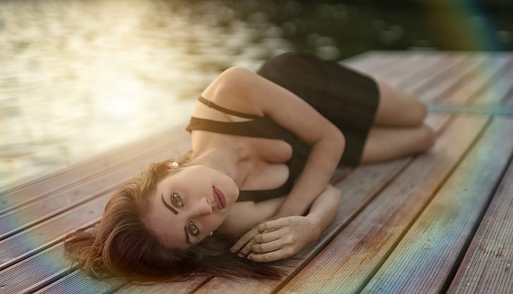 women, lying down, face, women outdoors, model, cleavage, lying on side, looking at viewer, Marco Squassina, HD wallpaper