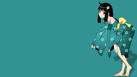papel de parede de personagem de anime de mulher de cabelo preto, anime, garotas de anime, série Monogatari, Araragi Tsukihi, quimono, fita, sorridente, fundo simples, com os pés descalços, HD papel de parede HD wallpaper
