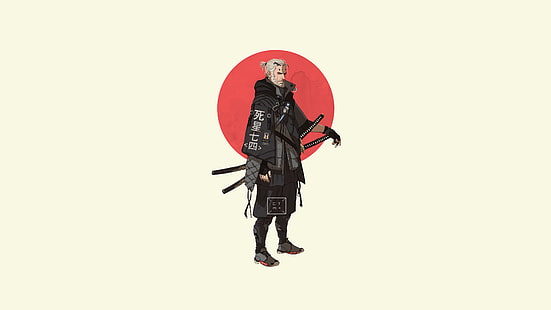 The Witcher, Minimalismus, Geralt von Rivia, einfacher Hintergrund, japanische Schriftzeichen, Katana, HD-Hintergrundbild HD wallpaper