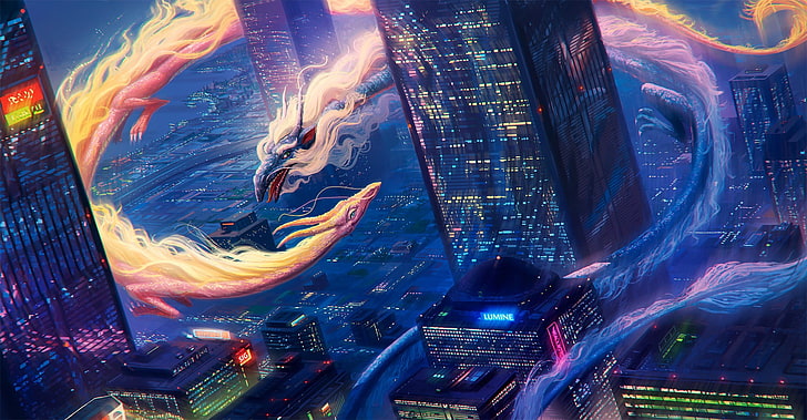 screenshot del videogioco, paesaggio urbano, drago, blu, giallo, fuoco, acqua, Sfondo HD