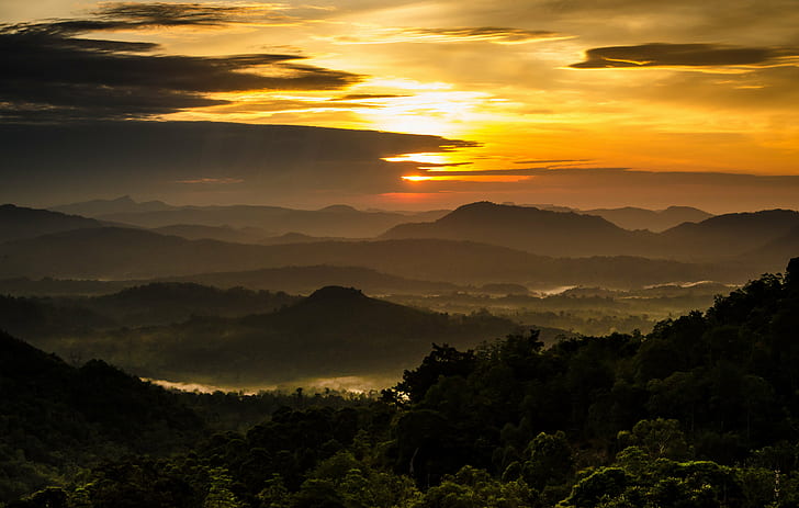 silhouette of mountains under dark clouds at sunset, sri lanka, sri lanka, Sunrise, Sri Lanka, silhouette, mountains, dark clouds, sunset, sun, morning, srilanka, badulla, landscape, mountain, nature, sunrise - Dawn, hill, dawn, outdoors, scenics, forest, sky, asia, fog, mountain Peak, tree, summer, sunlight, beauty In Nature, travel, rural Scene, dusk, HD wallpaper