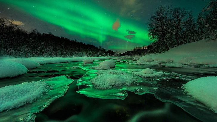 green sky phenomenon, aurorae, sky, nature, river, Norway, HD wallpaper
