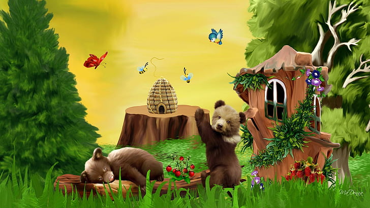 Медени мечки в гората, ягоди, пчели, трева, каприз, магия, мед, дървета, меден гребен, пеперуди, синя птица, светлина, HD тапет