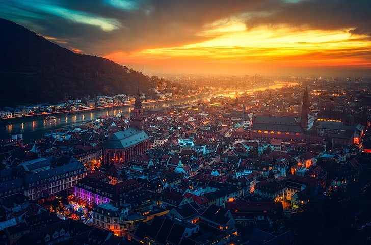 castle, city, Cityscape, Germany, Heidelberg, landscape, mountain, river, Sky Lanterns, sunlight, HD wallpaper