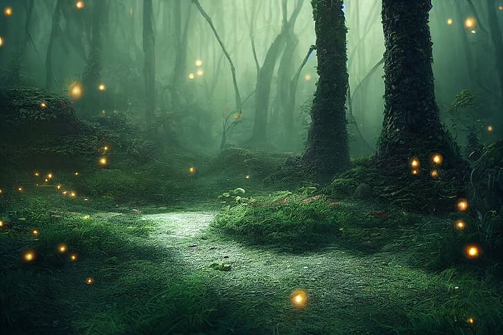 fireflies, forest, moss, artwork, HD wallpaper
