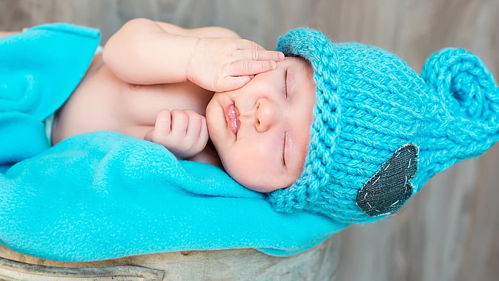 textile tricoté turquoise et blanc, bébé, bonnet laineux, Fond d'écran HD