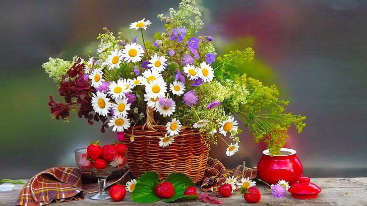 Strawberry Mood, lovely, fruits, mood, nice, freshness, beautiful, daisies, flowers, strawberry, pretty, fresh, still, HD wallpaper