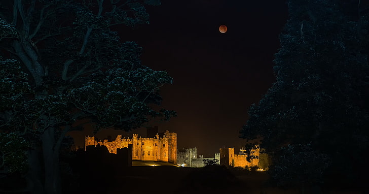 castle, Red moon, HD wallpaper