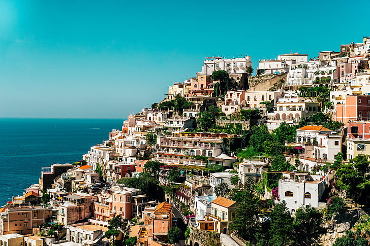 mar, oceano, Itália, Campania, casas, Costa Amalfitana, Salerno, ensolarado, Positano, HD papel de parede