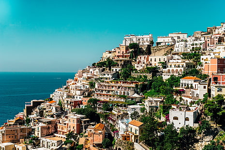 morze, ocean, Włochy, Kampania, domy, Wybrzeże Amalfi, Salerno, słonecznie, Positano, Tapety HD HD wallpaper