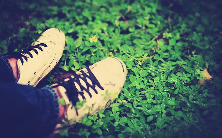 white-and-black lace-up sneakers, feet, grass, shoelaces, shoes, HD wallpaper