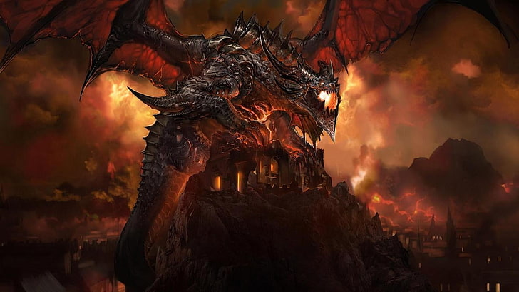 иллюстрации черных и оранжевых драконов, World of Warcraft: Cataclysm, Deathwing, дракон, Hearthstone: Heroes of Warcraft, World of Warcraft, видеоигры, HD обои