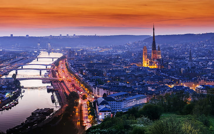 المدينة، الأضواء، المساء، نورماندي، روان، فرنسا، خلفية HD