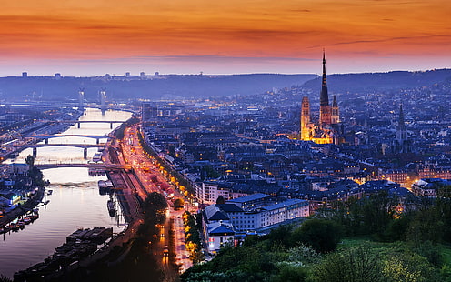 градът, светлини, вечерта, Нормандия, Руан, Франция, HD тапет HD wallpaper