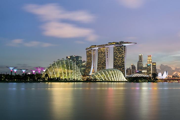 Marina Bay Sand in skyline photography at night, singapore, skyscrapers, panorama, HD wallpaper